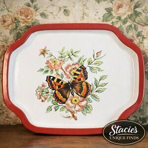 Butterfly Print Small Serving Tray Shabby Chic Trinket Tin Retro Boho Vtg